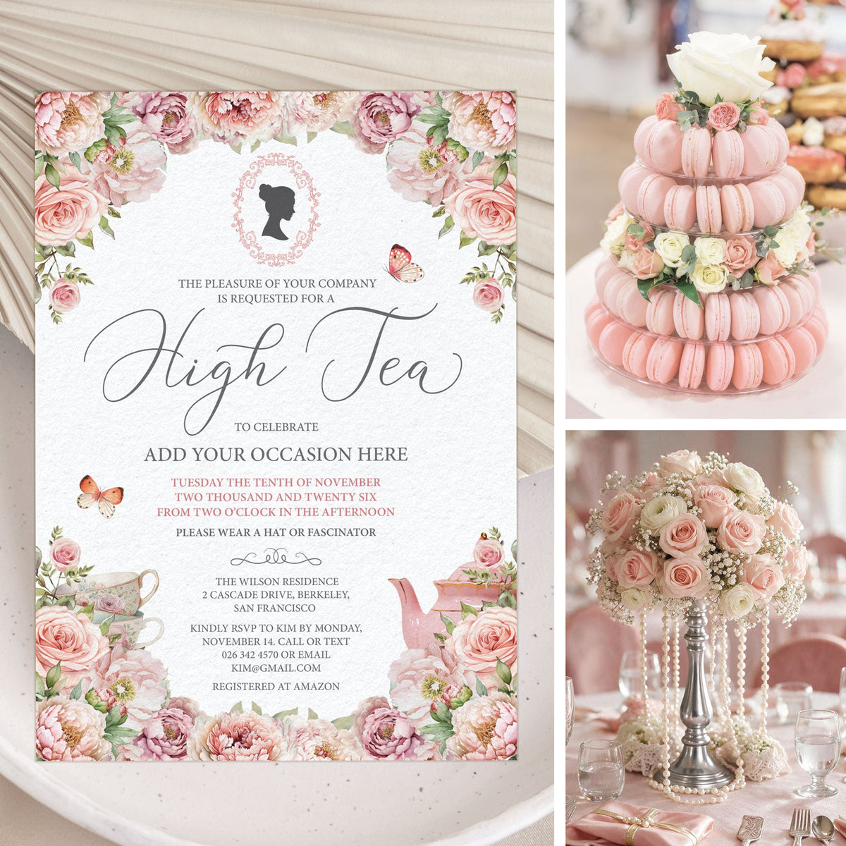 Regency High Tea Invitation, Blush Pink Floral Teapot & Cameo, Editable CORJL Template, Digital Download 5 x 7 Regency Tea Party Invite