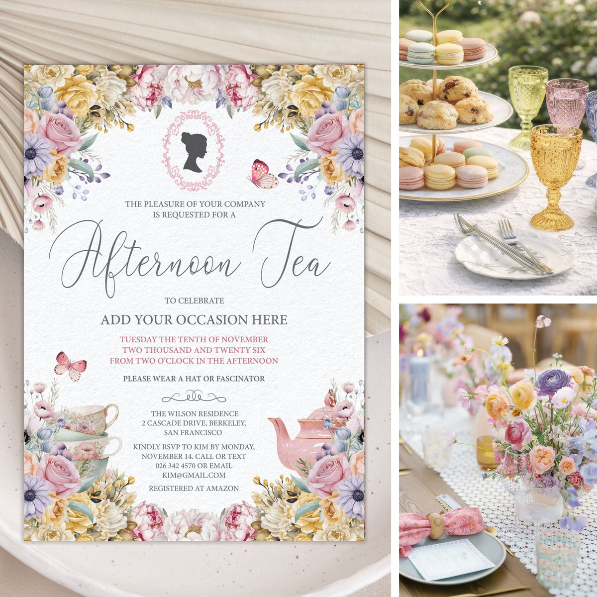 Regency Afternoon Tea Invitation, Pastel, Cameo, Teapot, Cups (5x7 Corjl Editable Digital Template)