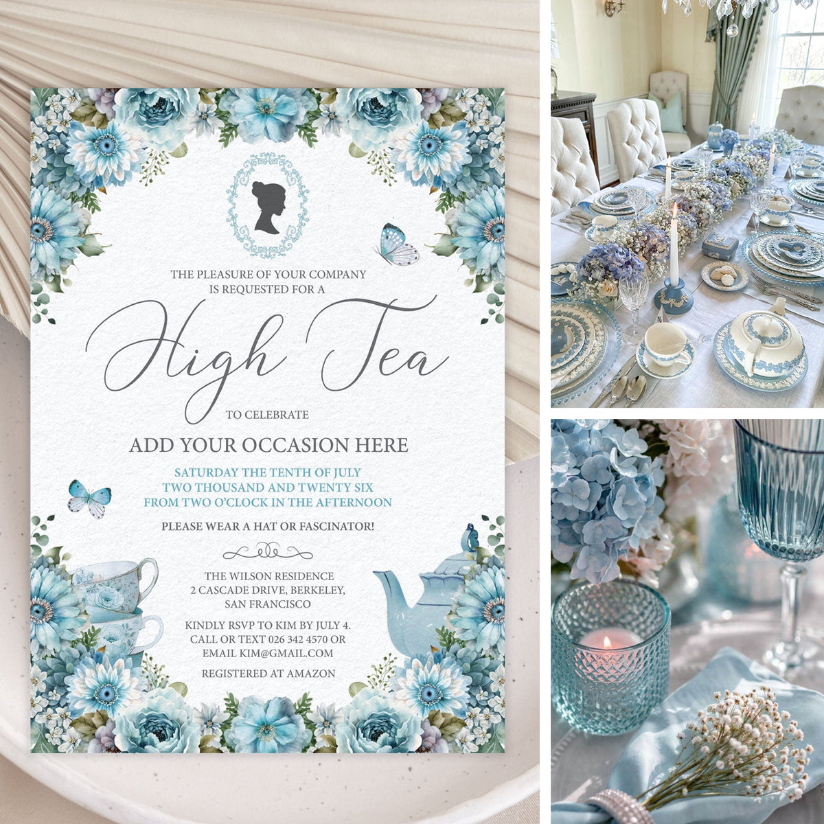 dusty blue Invitation card for a high tea event with floral design, cameo and teapot on a textured surface