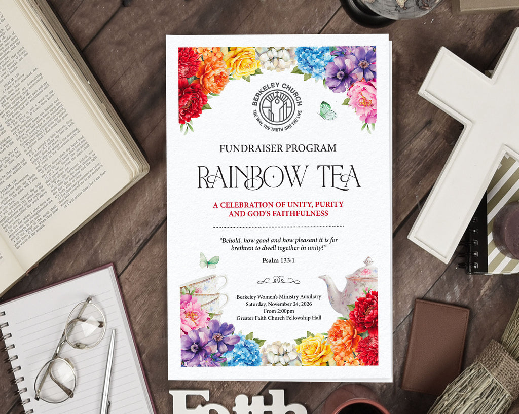 A fundraiser program card for 'Rainbow Tea' by Berkeley Church Ministry Auxiliary, styled in a flat lay on a dark wooden table surrounded by an open Bible, glasses, a notebook, a pen, and a white cross.