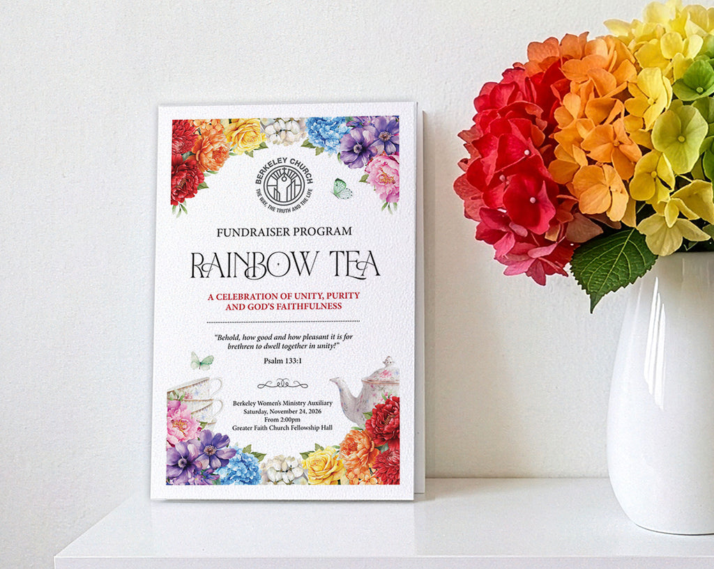 a program for a church rainbow tea on a shelf, leaning up against a white wall next to a white vase with rainbow colored hydrangeas