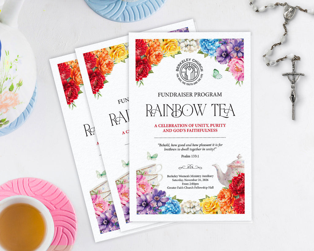 Three printed letter sized folded program flyers for a church fundraiser event titled 'Rainbow Tea' are arranged on a white surface with decorative props including a teacup, saucer, flowers, and a cross.