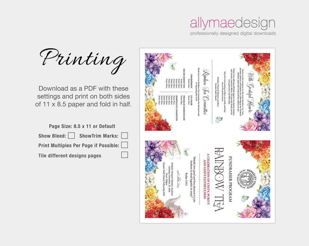 how to print the church rainbow tea event 11 x 8.5 folded program