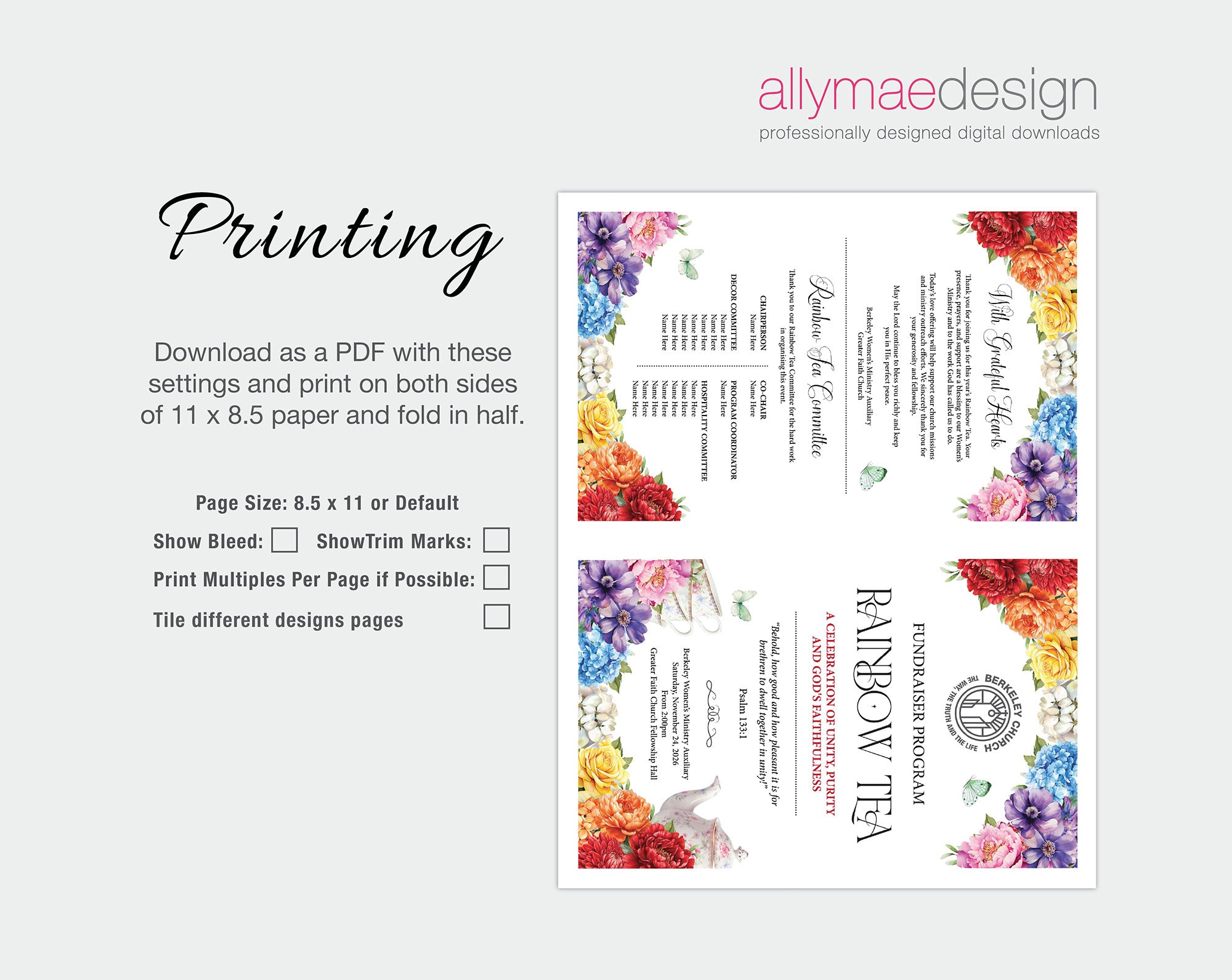 how to print the church rainbow tea event 11 x 8.5 folded program