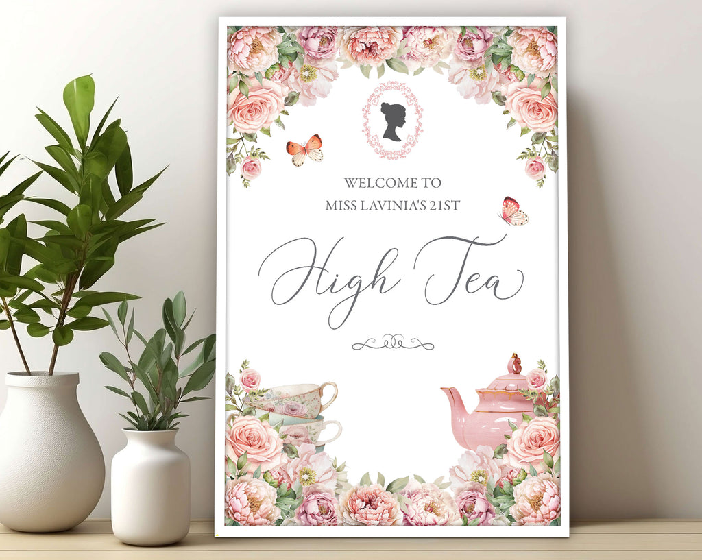 Decorative poster for a high tea event with floral design and teapot illustration.