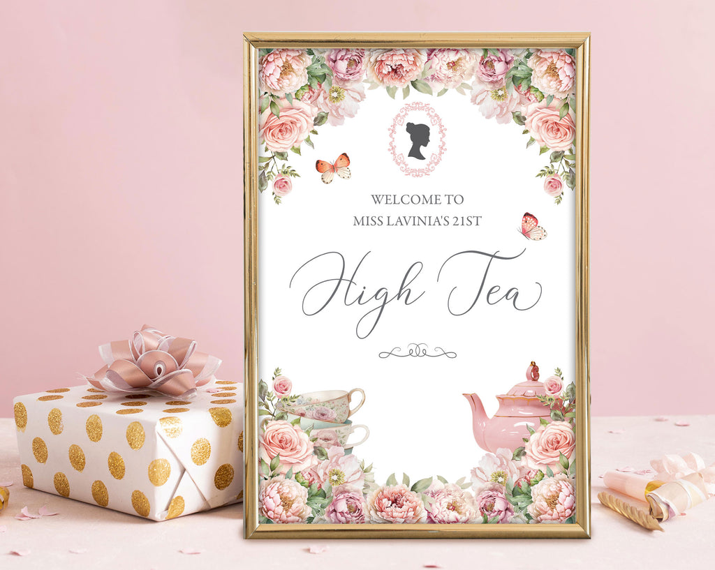 Decorative high tea invitation with floral design and teapot on a pink background