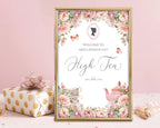 Decorative high tea invitation with floral design and teapot on a pink background