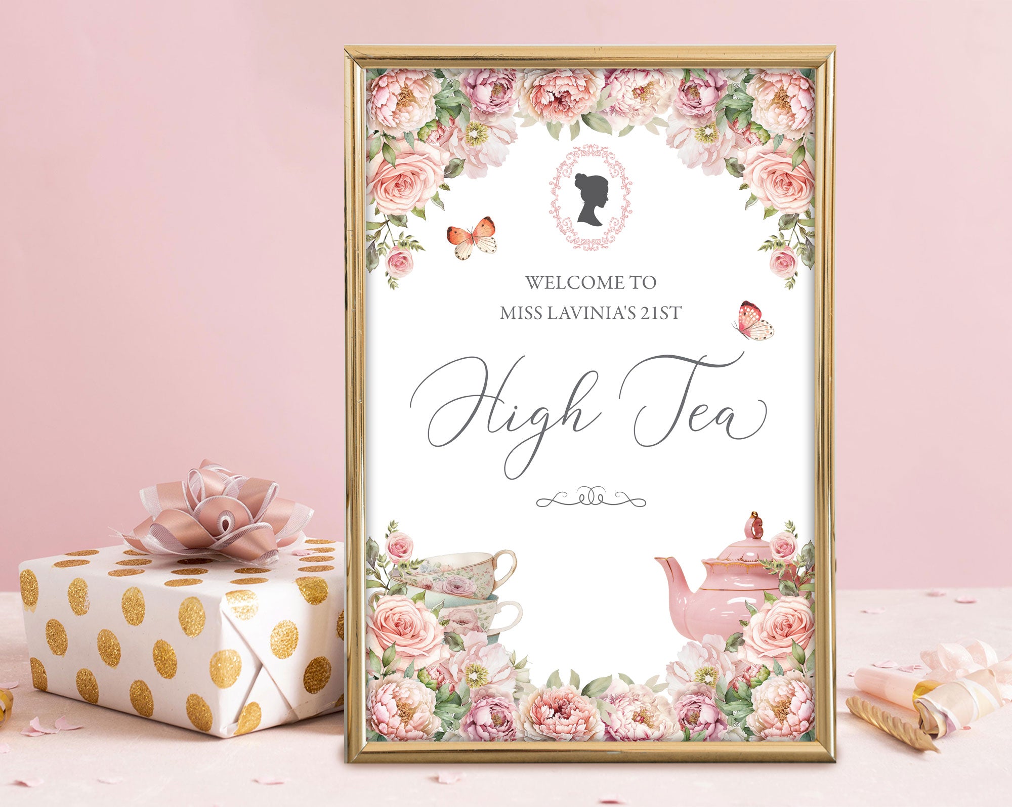 Decorative high tea invitation with floral design and teapot on a pink background