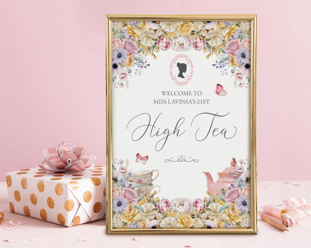 Regency High Tea Welcome Signs, Pastel, Cameo, Teapot, A3, A2, A1