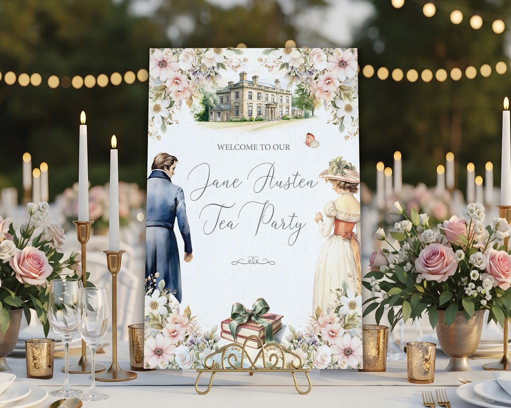 12 x 18 decorative welcome sign for a Jane Austen tea party in a gold stand with vintage elements on a table setting.