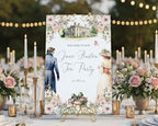 12 x 18 decorative welcome sign for a Jane Austen tea party in a gold stand with vintage elements on a table setting.