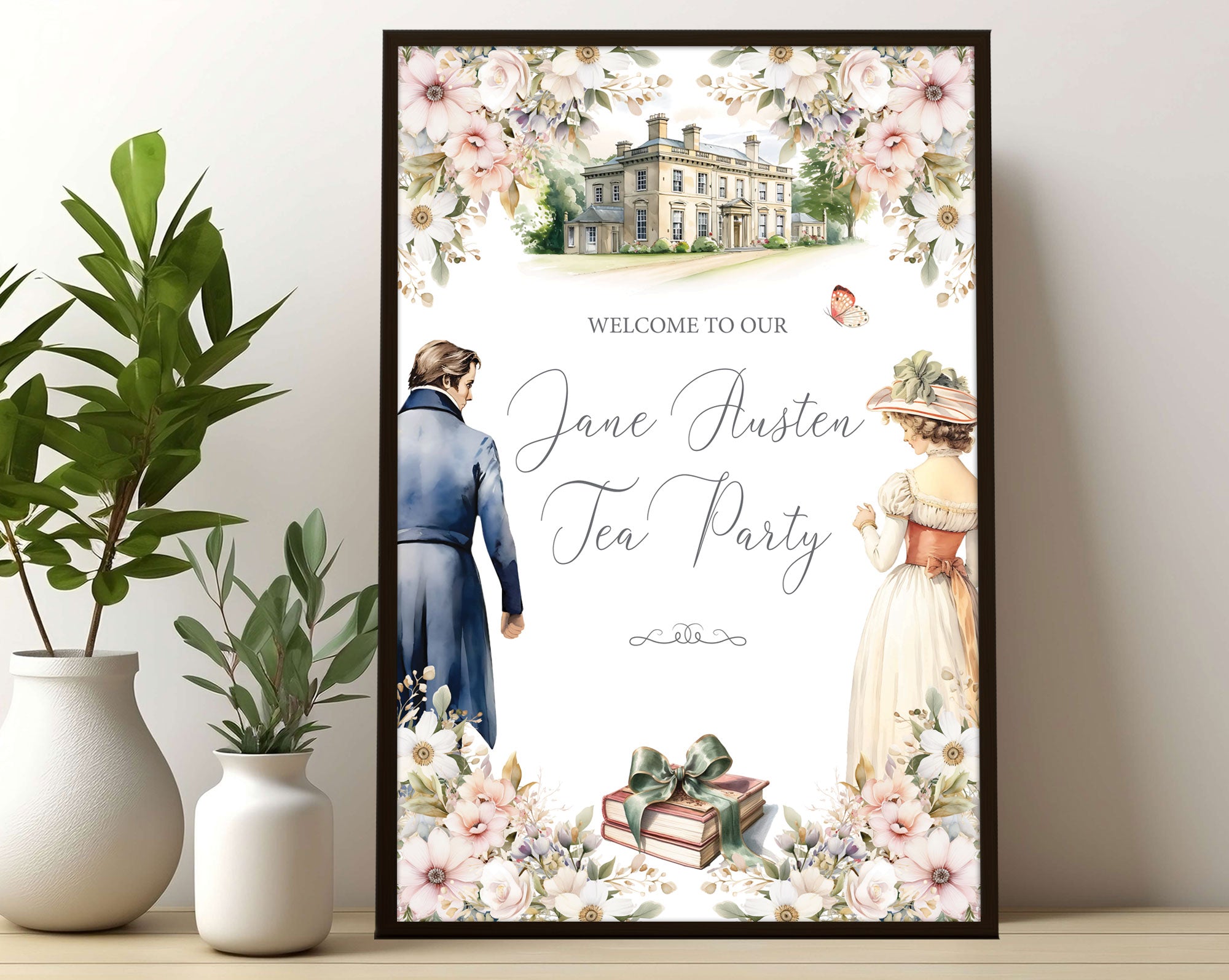 12 x 18 Framed welcome sign for a Jane Austen-themed tea party with mansion house graphic leaning up against a wall next to 2 vases of greenery