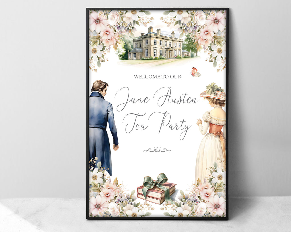 pink and flower jane austen book club tea party welcome sign with mansion, books and regency couple graphics in a black frame leaning up agains a grey background