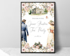 pink and flower jane austen book club tea party welcome sign with mansion, books and regency couple graphics in a black frame leaning up agains a grey background