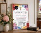 a 12 x 18 fundraising poster with QR code for a Church Rainbow Tea, in a wooden frame leaning up against a wall next to some flowers in a vase and a religious sign on the wall