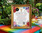 a rainbow church fundraising tea advertising poster in a gold frame propped up on a rainbow colored table, with tea cups and greenery in the background