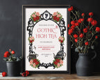 Elegant moody A4 Gothic High Tea Welcome Sign with regency style cameo, red pink flowers and teapot in a black frame leaning against a black wall next to vases of red roses