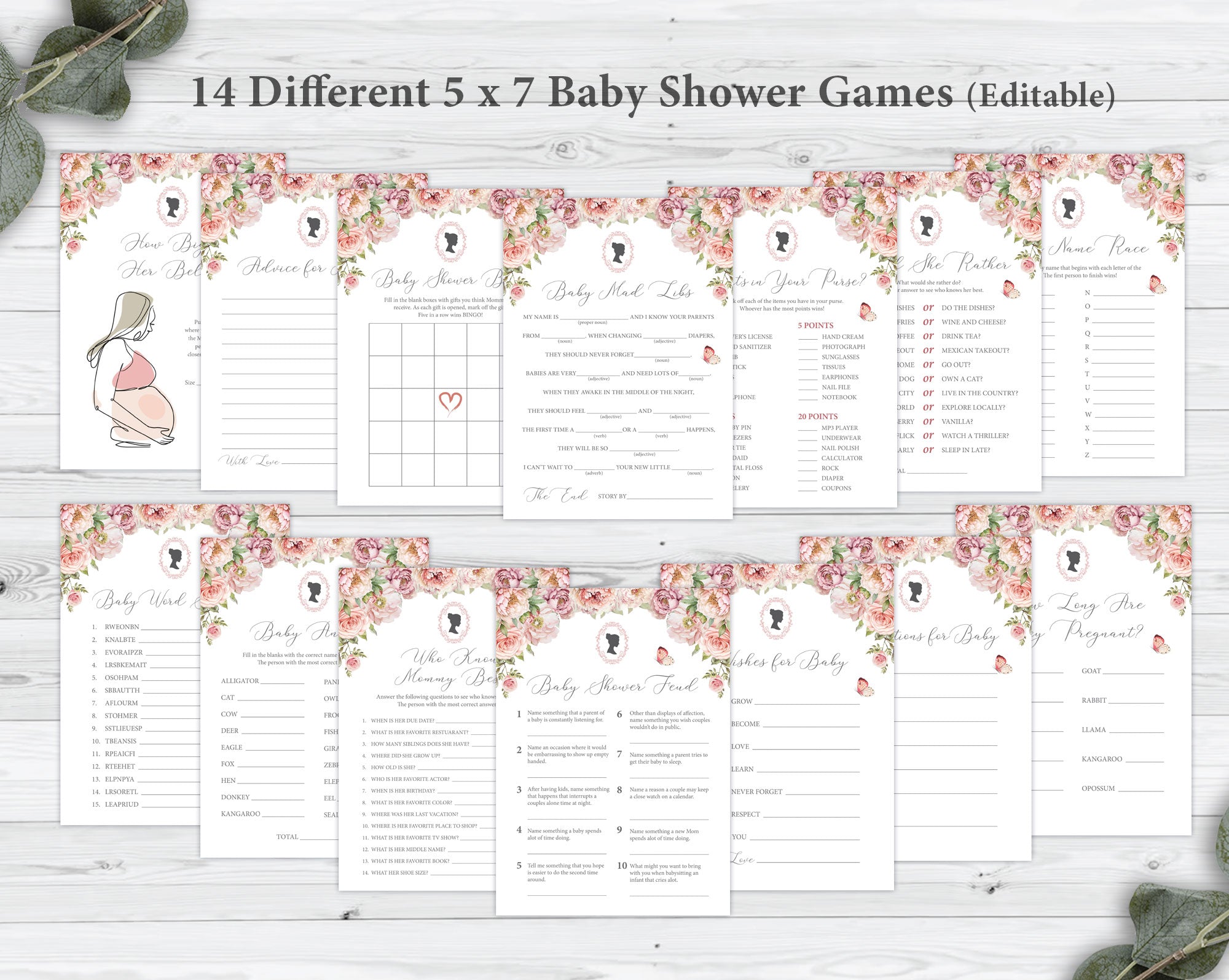 14 different blush pink baby shower game cards in two rows laying on a grey wooden background next to some eucalyptus leaves