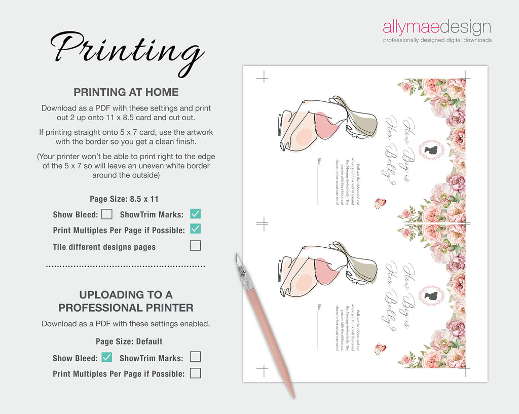 instructions on how to print the blush pink Bridgerton-style baby shower game cards