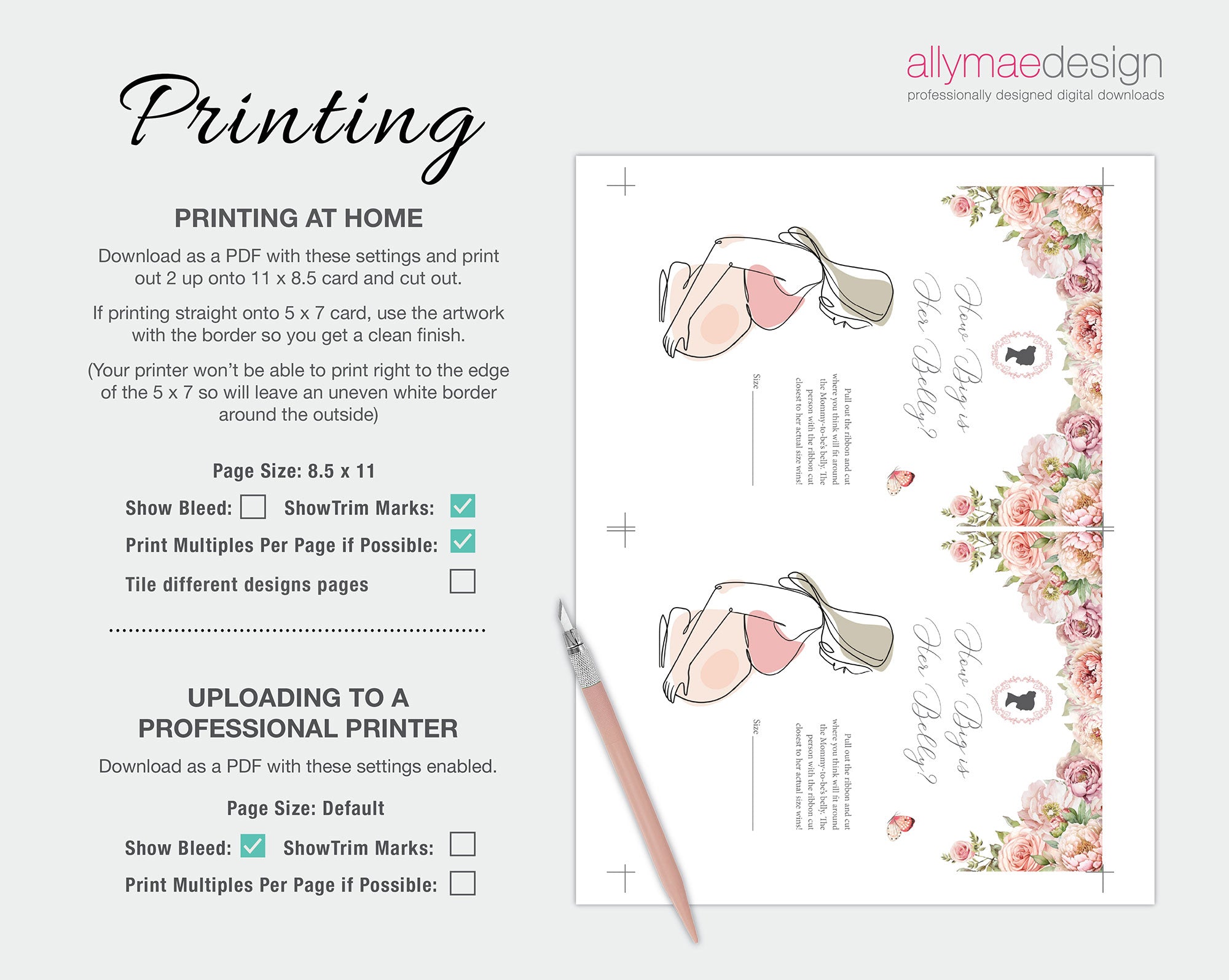 instructions on how to print the blush pink Bridgerton-style baby shower game cards