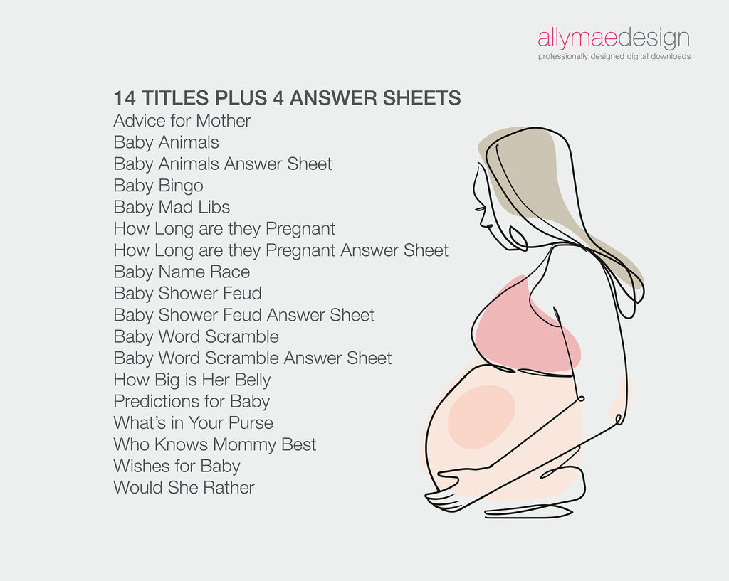 a list of all the titles of the game cards with a blush pink pregnant woman graphic