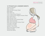 a list of all the titles of the game cards with a blush pink pregnant woman graphic