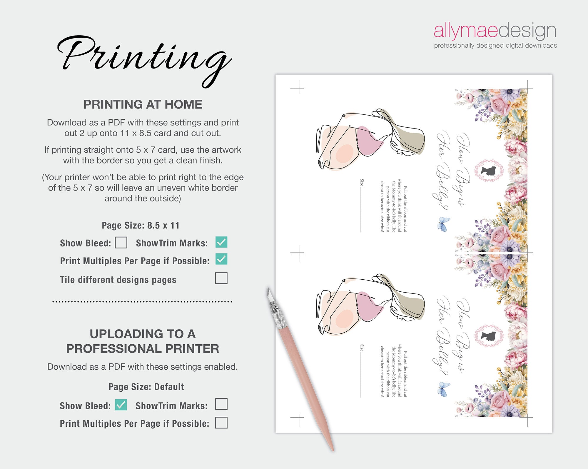 instructions on how to print the pastel Bridgerton-style baby shower game cards