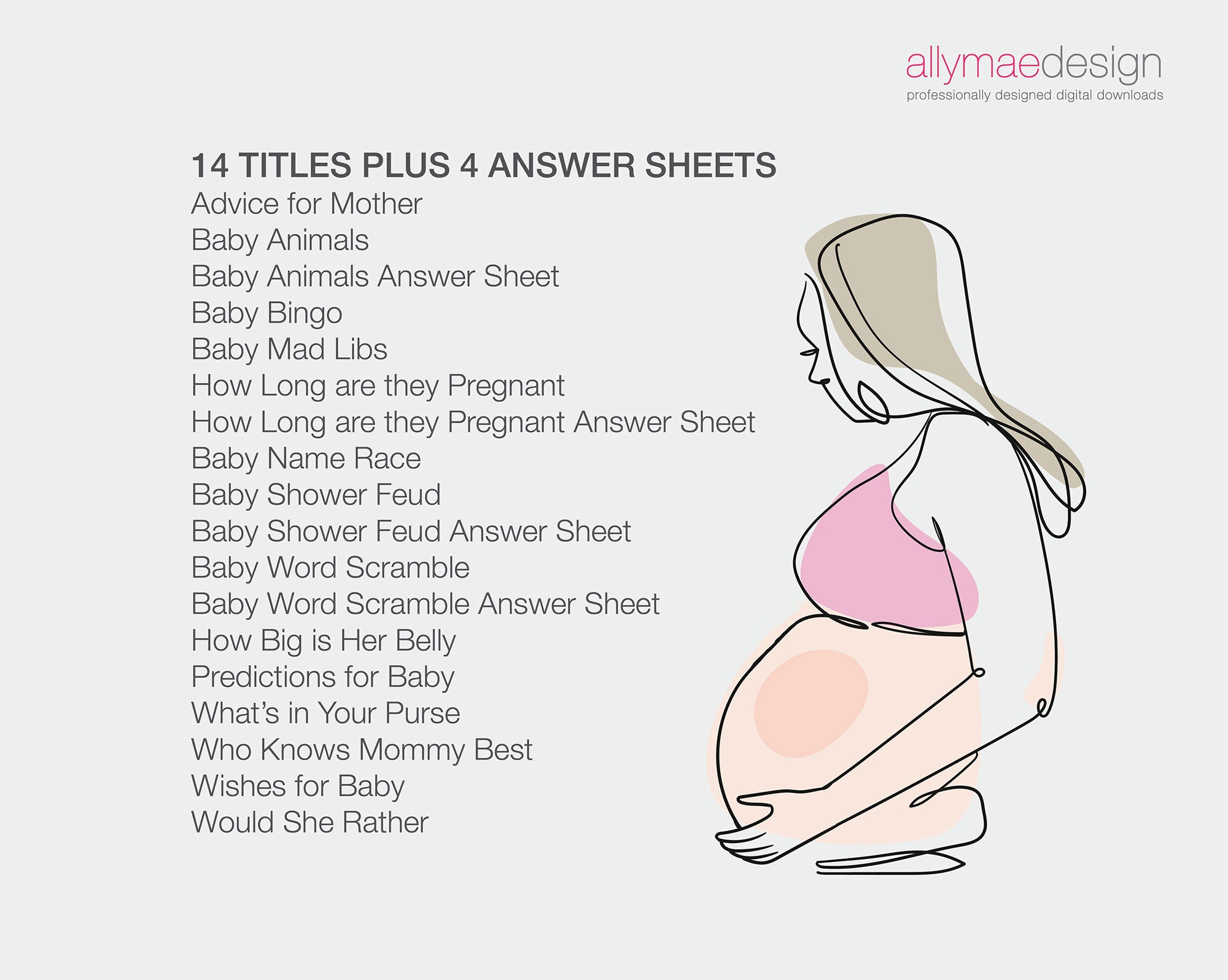 a list of all the titles of the game cards with a pregnant woman graphic