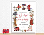 16 x 20 British Tea Party Sign with London icons in a white frame, on a table leaning against a wall with a toy red double decker bus
