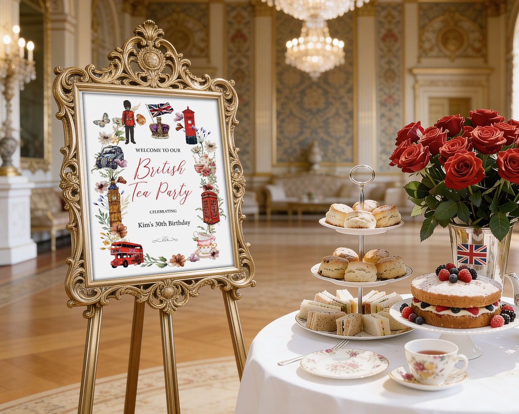 a British Tea Party Welcome Sign in a room in a palace with a tea party table and food with red roses