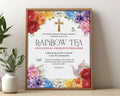pretty 16 x 20 church ladies rainbow tea sign with colorful flowers, gold cross and scripture in a wooden frame, leaning up against a beige wall next to some greenery in vases
