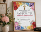 a bright  16 x 20 rainbow tea sign in a wooden frame leaning up against a church wall next to some flowers in a vase and a bible