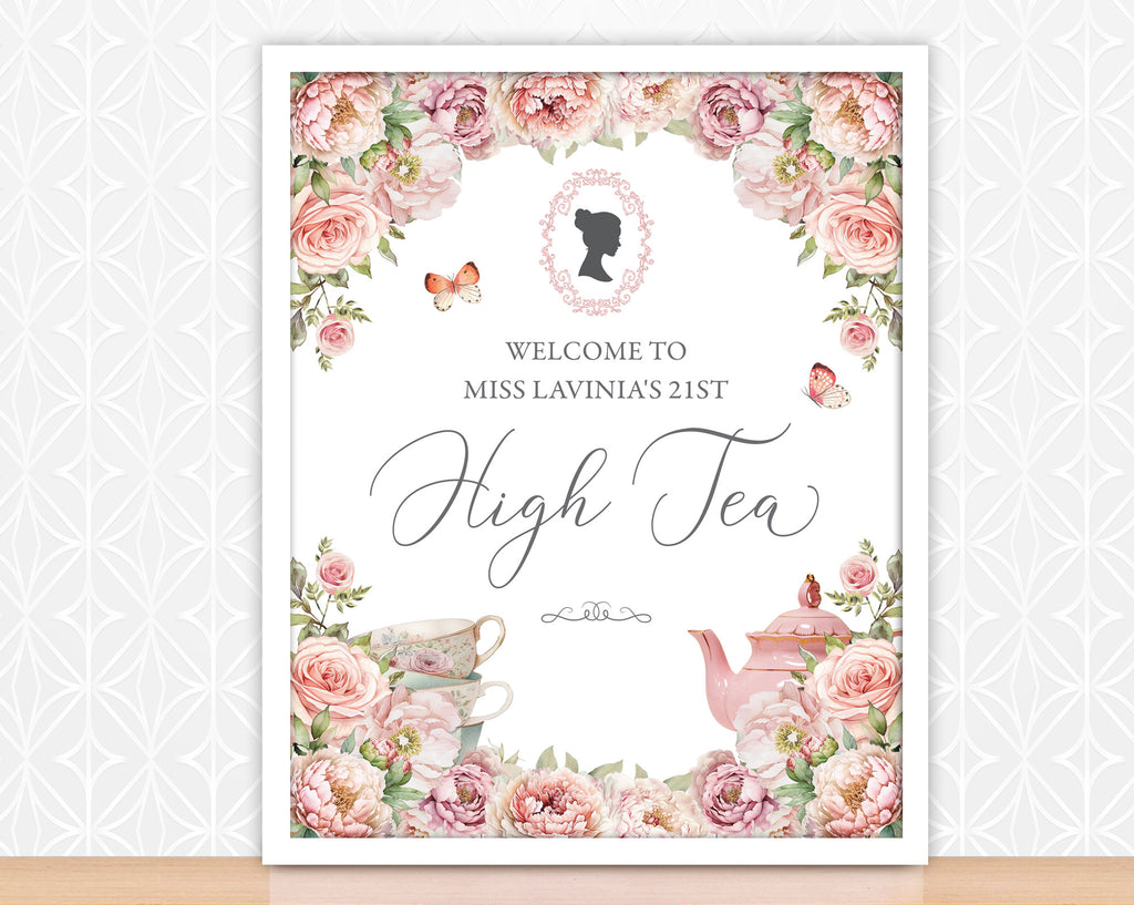Invitation card for a high tea event with floral design and teacup illustration.