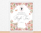 Invitation card for a high tea event with floral design and teacup illustration.