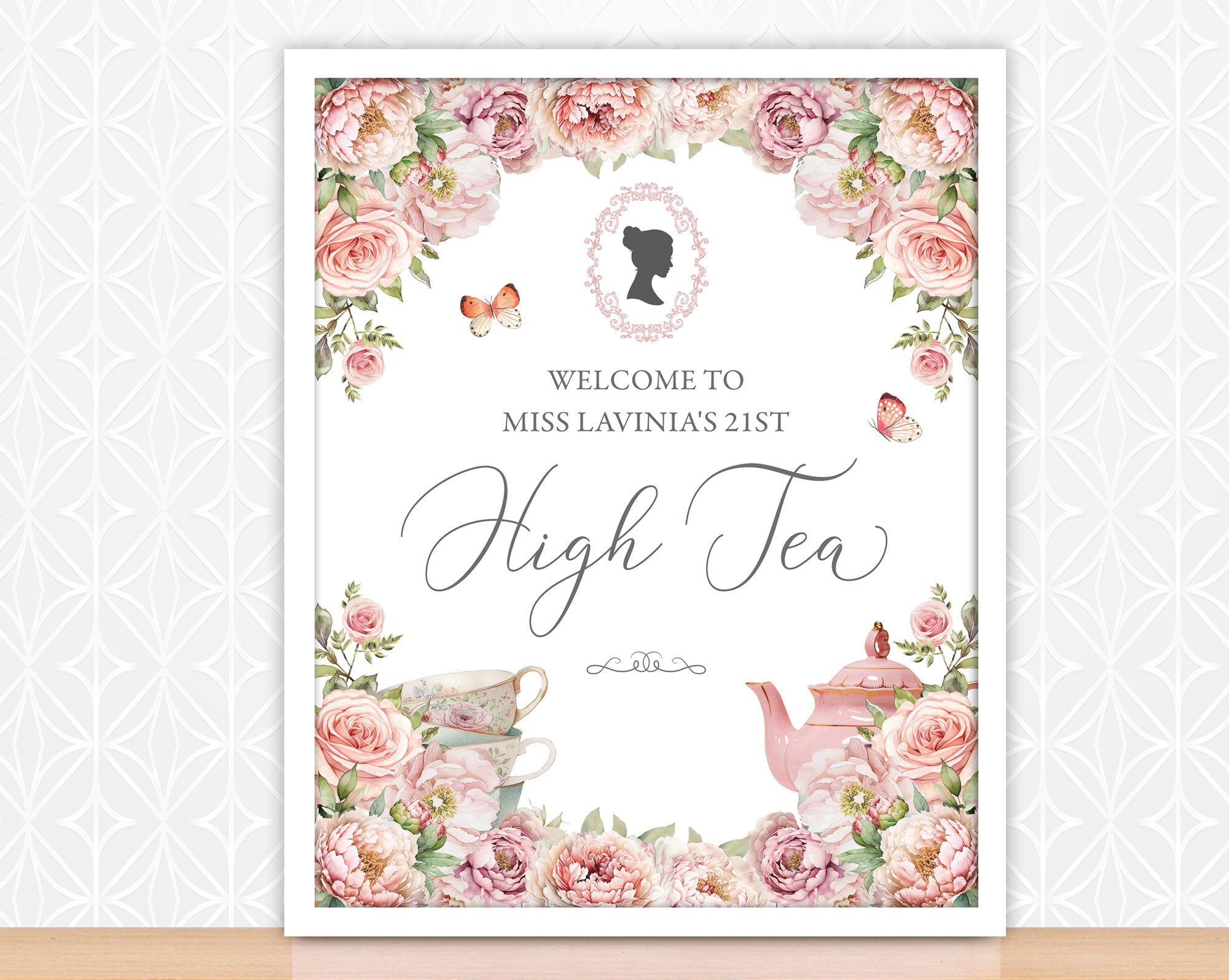 Invitation card for a high tea event with floral design and teacup illustration.