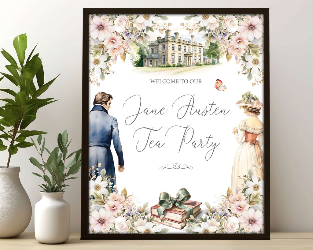 A2 jane austen party welcome sign with regency couple, books and mansion graphics in a black frame leaning up against a white wall next to greenery in vases