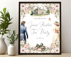 A2 jane austen party welcome sign with regency couple, books and mansion graphics in a black frame leaning up against a white wall next to greenery in vases