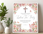 16x20 Church Ladies Tea Welcome Sign in a white frame with blush pink flowers, Christian Cross and Teapot leaning up against a wall next to some greenery in vases