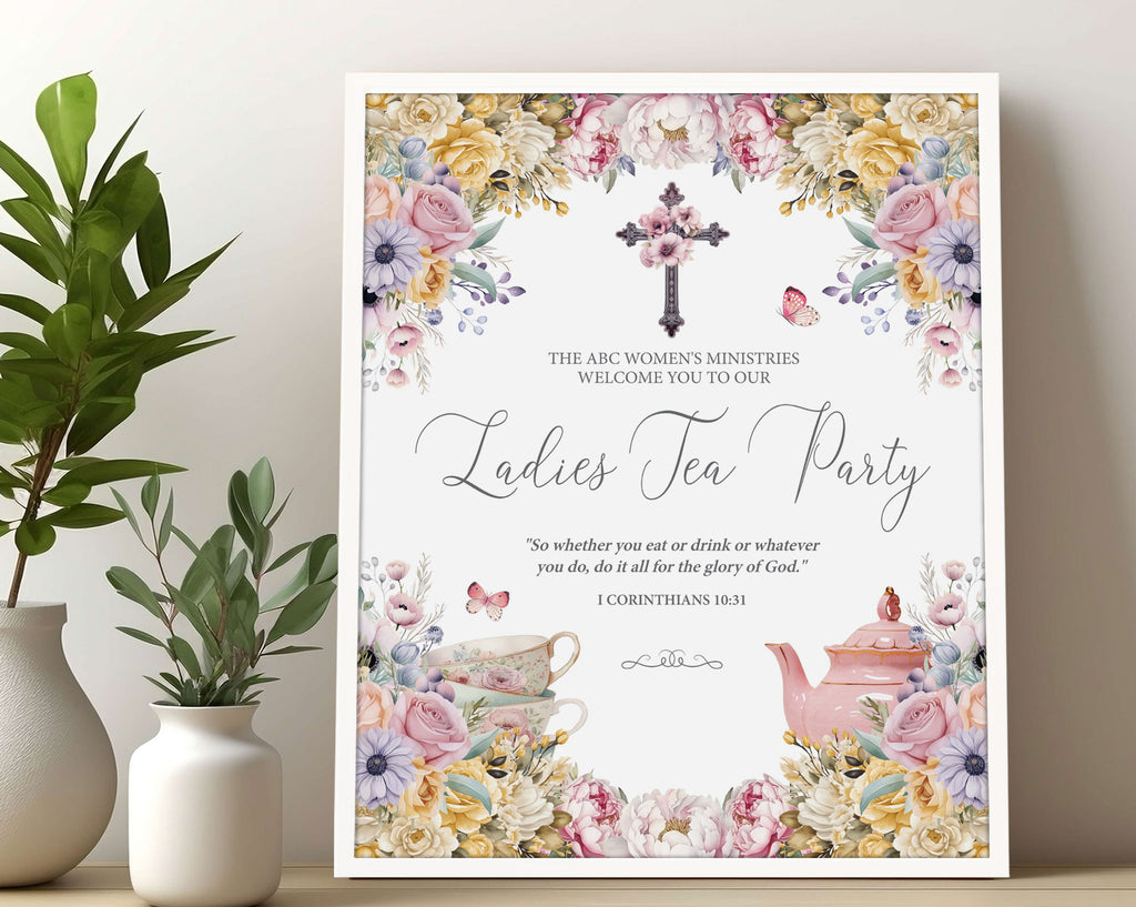 16x20 Church Ladies Tea Welcome Sign in a white frame with Pastel flowers, Christian Cross and Teapot leaning up against a wall next to some greenery in vases