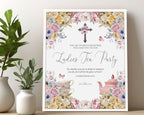 16x20 Church Ladies Tea Welcome Sign in a white frame with Pastel flowers, Christian Cross and Teapot leaning up against a wall next to some greenery in vases