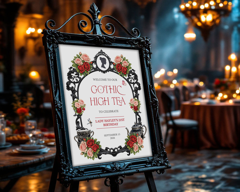 mysterious black gothic high tea sign in an ornate frame with moody dark background with tables and lights
