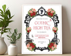 16 x 20 gothic high tea sign with regency cameo, ornate black frame, gothic teapot and cups in a light wooden frame leaning up against a beige wall next to some jars filled with greenery
