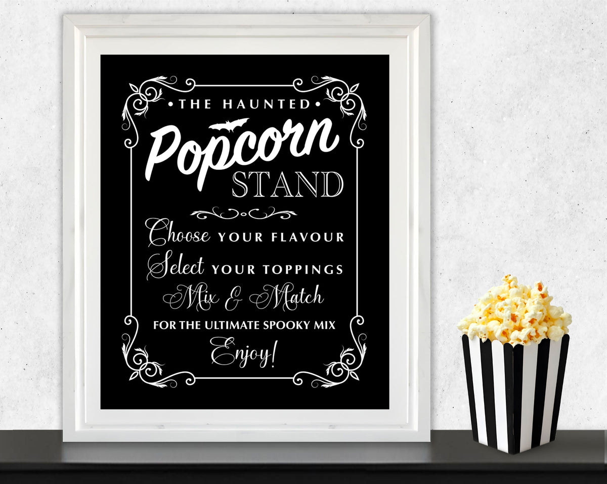 16x20 Haunted Popcorn Stand Poster: Halloween Gothic Sign, Black White, Non-Editable