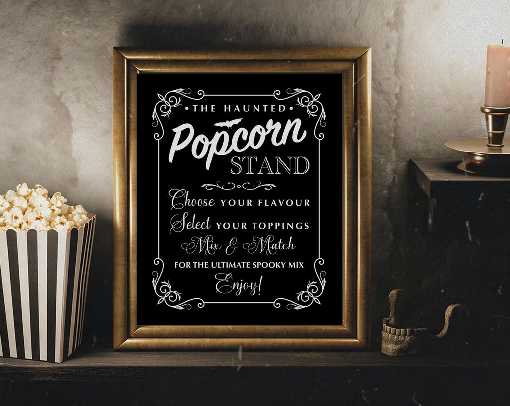 16x20 Haunted Popcorn Stand Poster: Halloween Gothic Sign, Black White, Non-Editable
