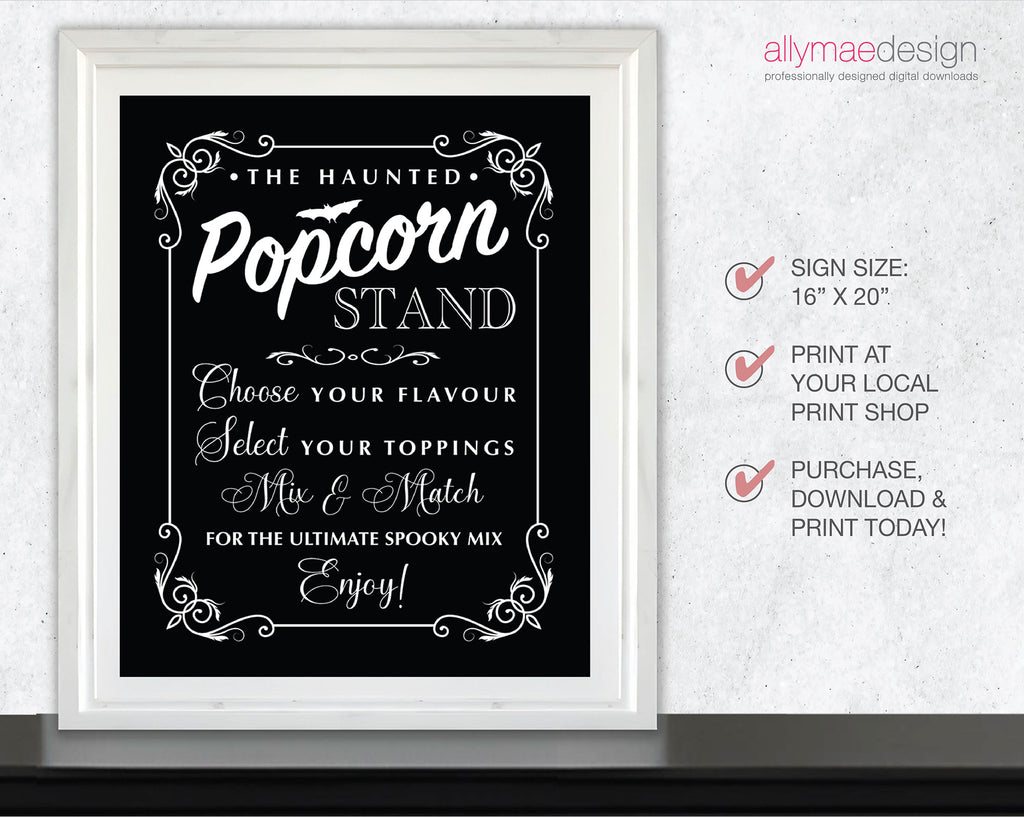 A framed Halloween-themed sign with white decorative text on a black background, shown in a white frame against a light gray wall. To the right, text lists sign size 18 x 20 inches, print at a local print shop, and purchase/download/print today.
