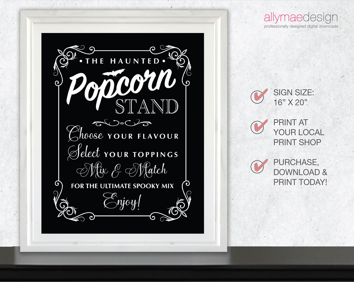 A framed Halloween-themed sign with white decorative text on a black background, shown in a white frame against a light gray wall. To the right, text lists sign size 18 x 20 inches, print at a local print shop, and purchase/download/print today.