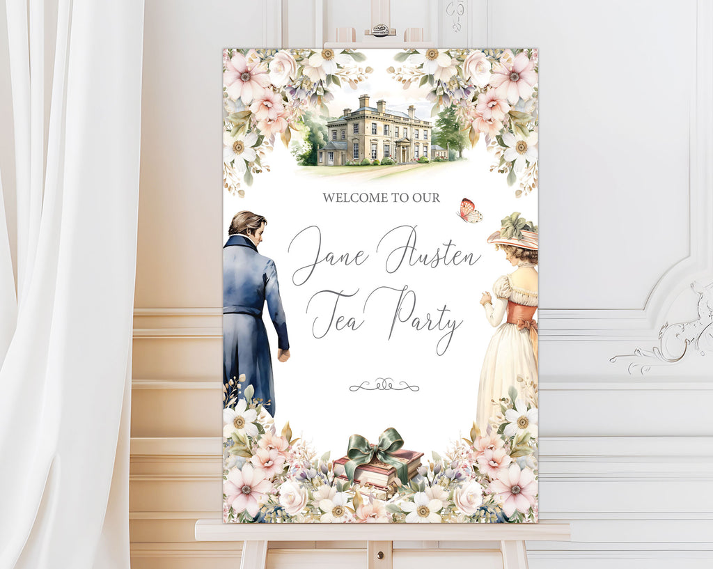 regency style jane austen 18 x 24 welcome sign on an easel with a curtain and panelled white wall in the background