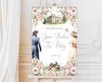 regency style jane austen 18 x 24 welcome sign on an easel with a curtain and panelled white wall in the background