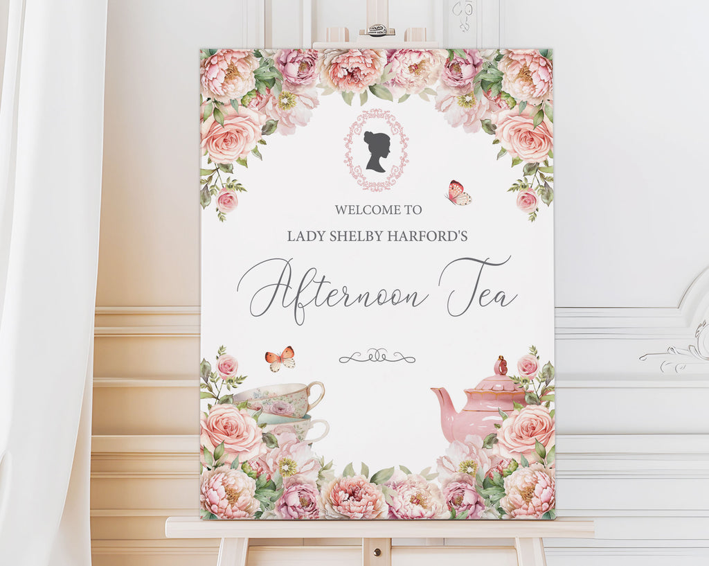 18 x 24 guest greeting sign for an afternoon tea event with floral design and text.