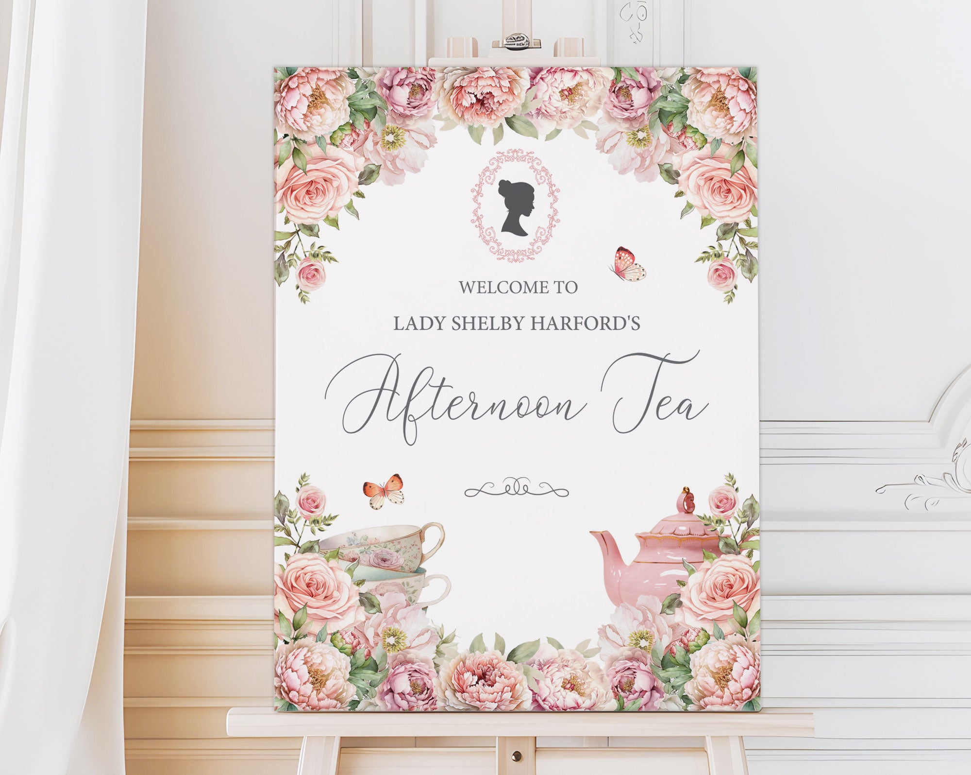 18 x 24 guest greeting sign for an afternoon tea event with floral design and text.